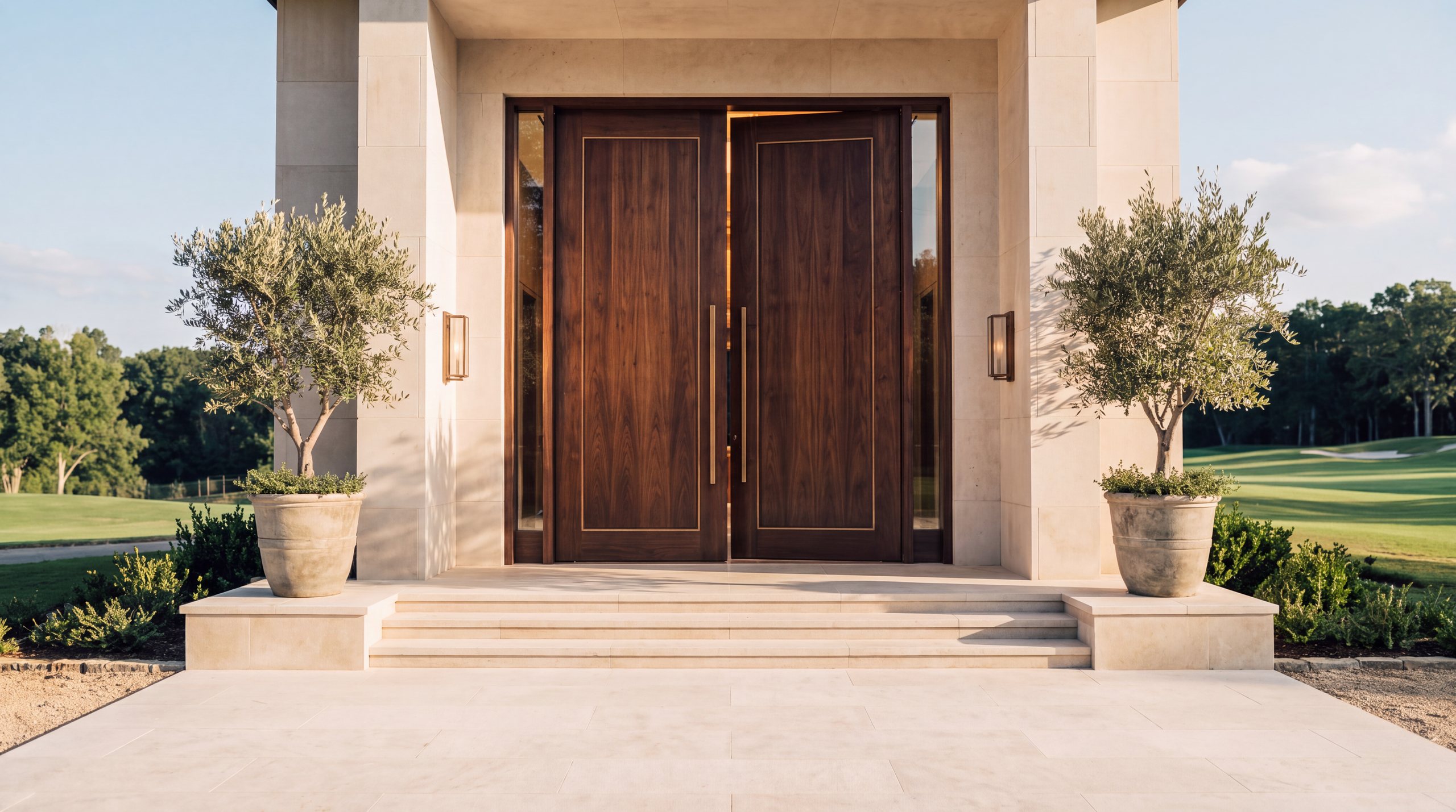 Walnut double doors opening onto the clubhouse