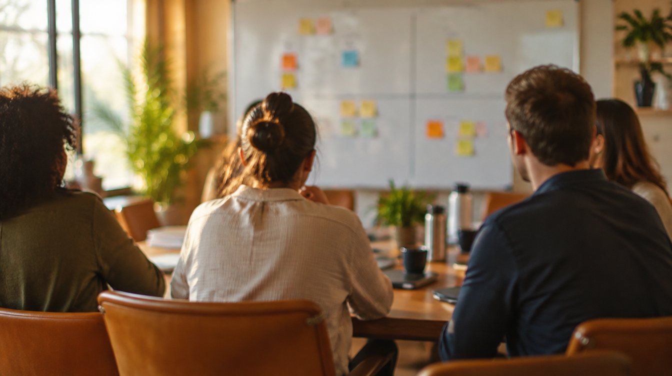 Leadership team meeting in front of a planning board