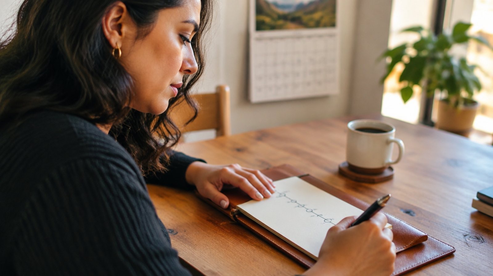 Owner sketching an exit timeline in a leather notebook