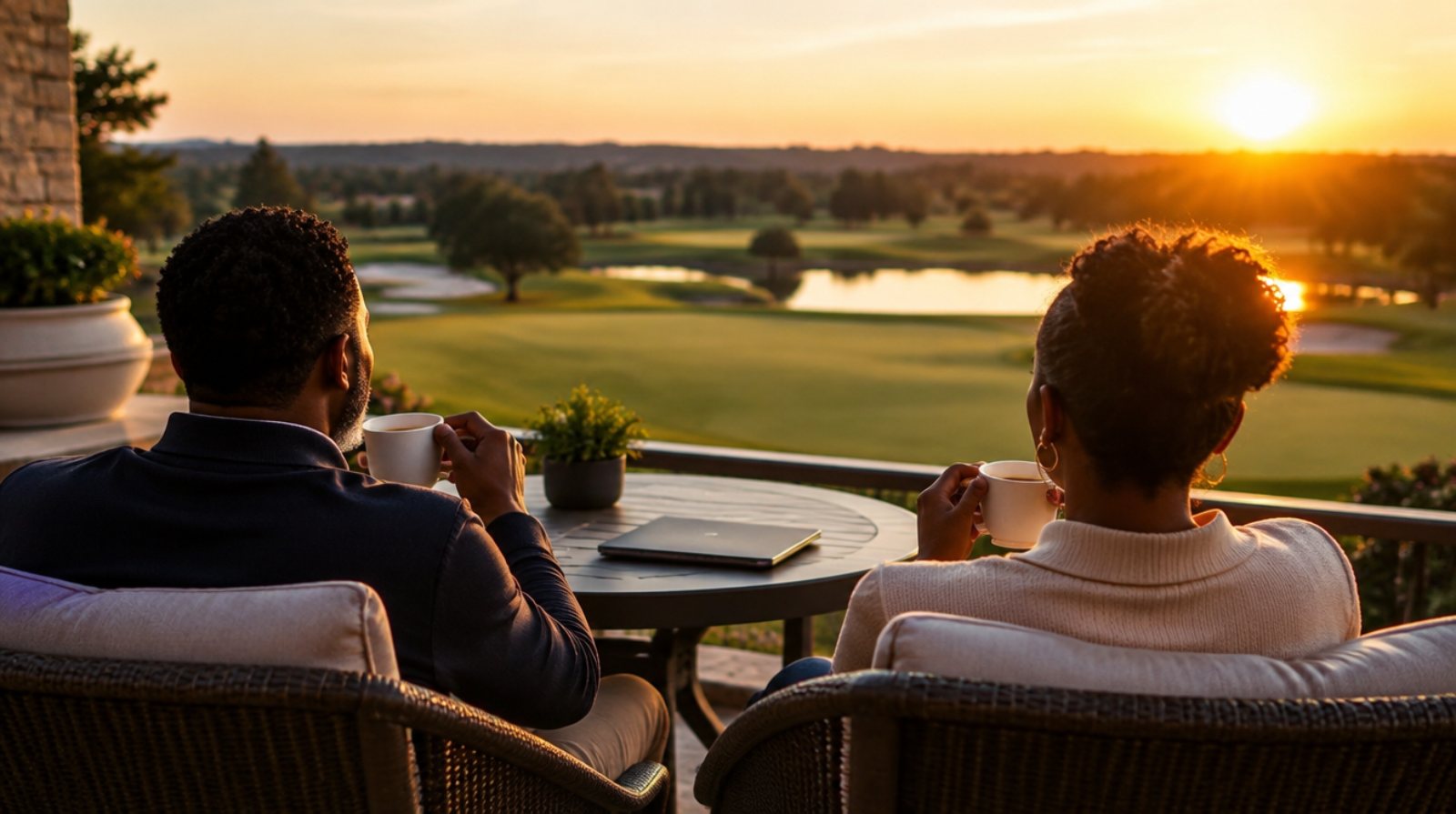 A couple on a clubhouse terrace at golden hour