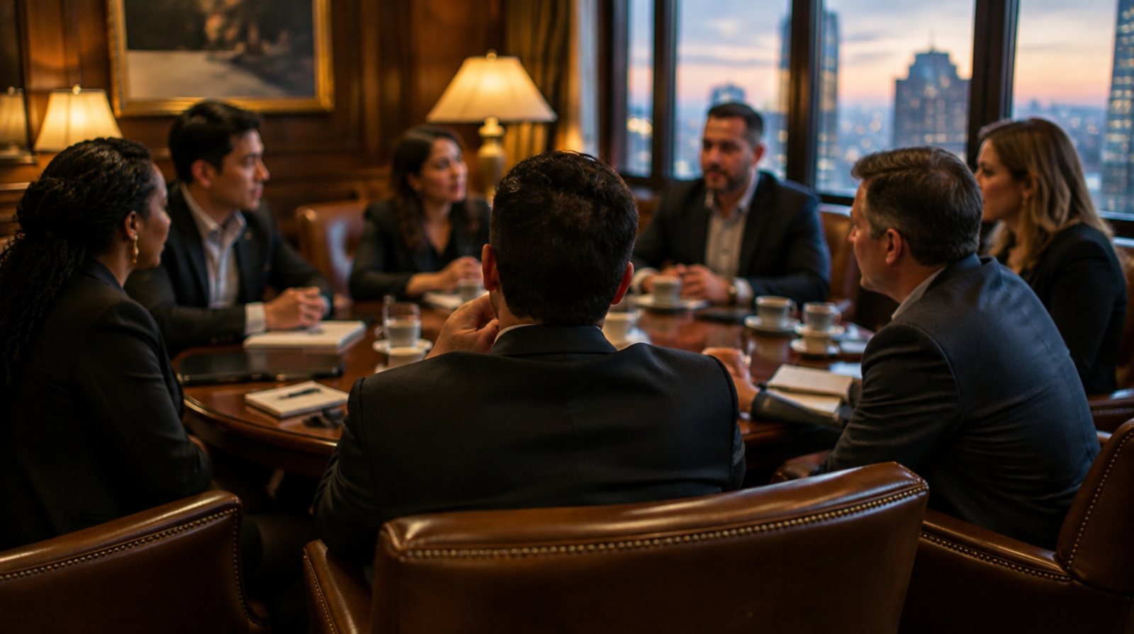 A diverse group of business owners around a round walnut table