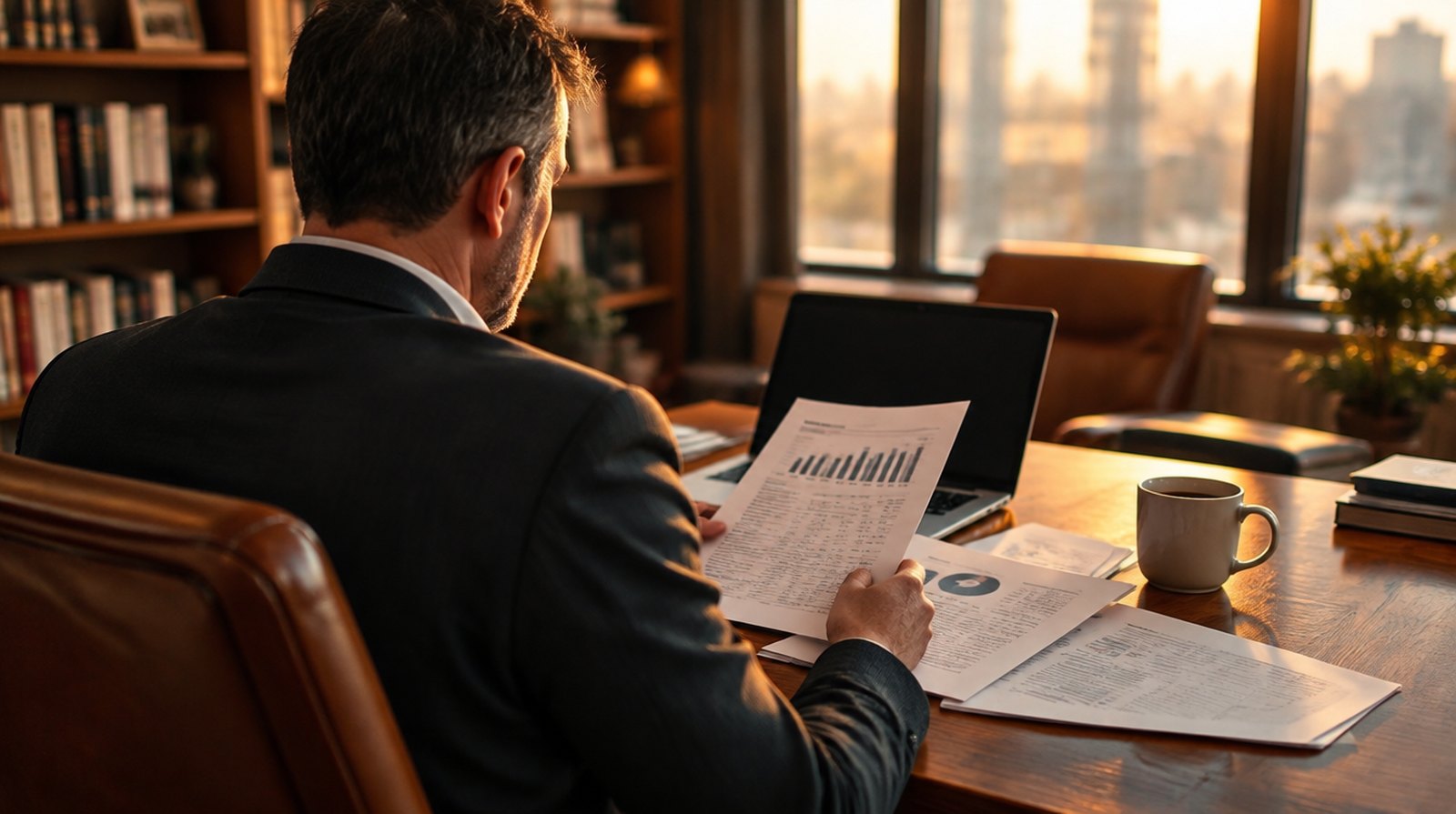 Business owner reviewing financial statements at a walnut desk