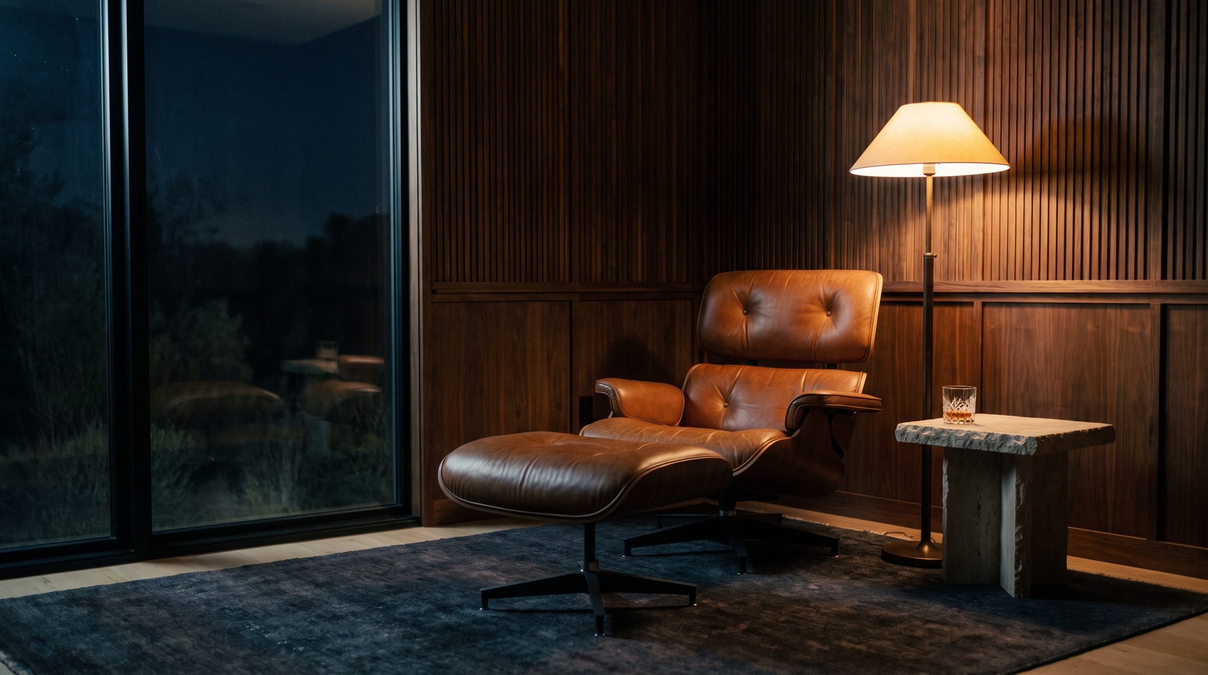 Leather armchair in the corner of a curated private study